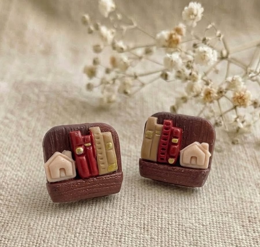 Miniature Bookshelf Earrings, Gift for Book Lover, Tiny Library Earrings