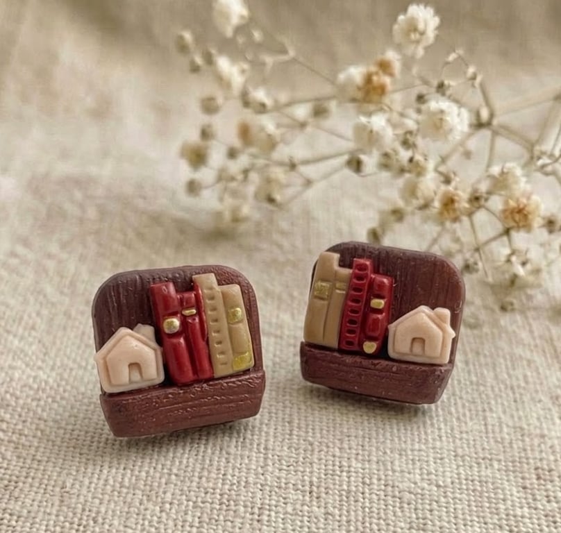 Miniature Bookshelf Earrings, Gift for Book Lover, Tiny Library Earrings