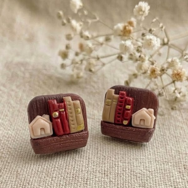 Miniature Bookshelf Earrings, Gift for Book Lover, Tiny Library Earrings