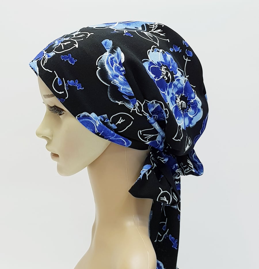 Chemo head wear, full head covering, lined bonnet with ties, alopecia hair loss