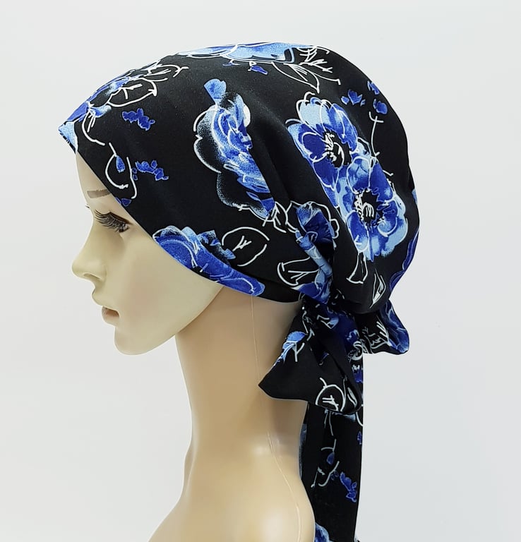 Chemo head wear, full head covering, lined bonnet with ties, alopecia hair loss