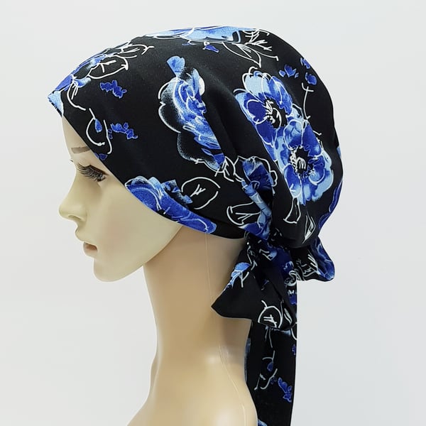 Chemo head wear, full head covering, lined bonnet with ties, alopecia hair loss