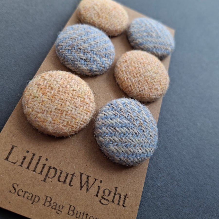 Set of six mismatched scrap bag buttons - blue and white, oatmeal Harris Tweed