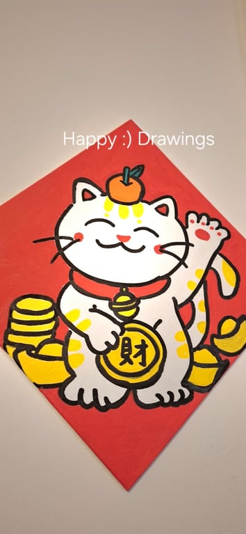 Chinese Good Luck Money Cat Original Drawing Painting Acrylics OOAK :)