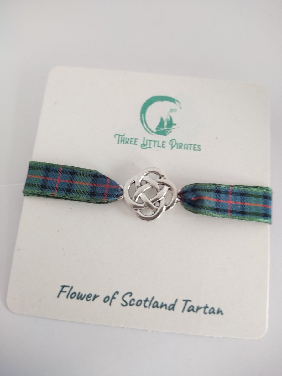 Celtic knot bracelet with plaid tartan ribbon and adjustable closure