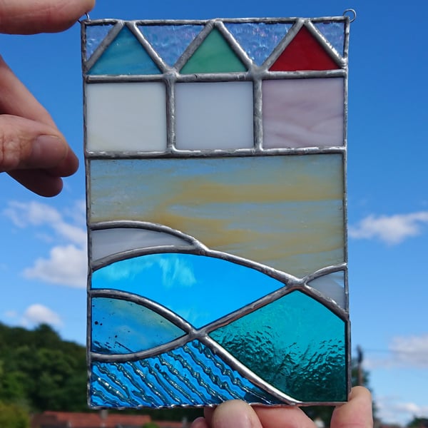 SOLD Stained glass three beach huts, beach and sea panel. Copperfoil hanging. 