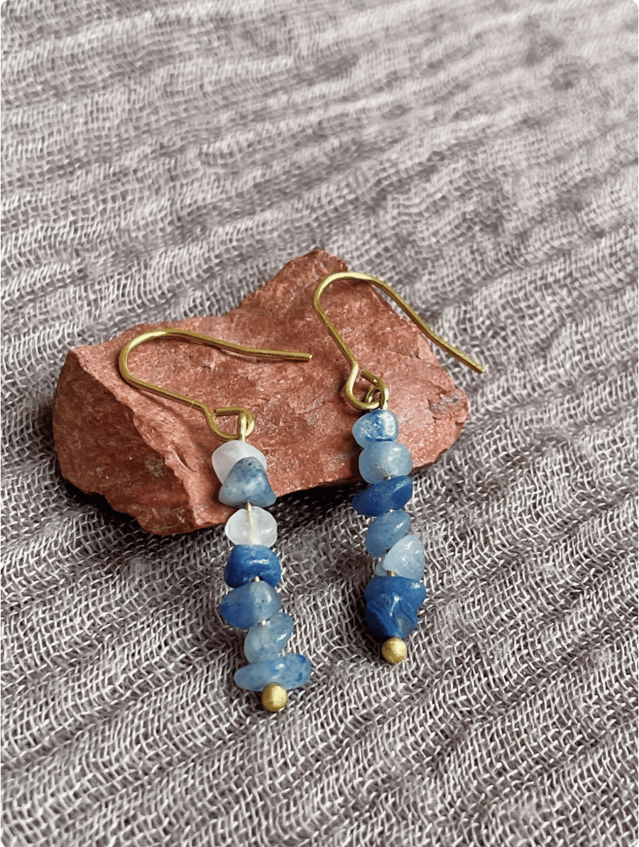 Handmade natural blue stone earrings, minimalist brass and stone jewellery