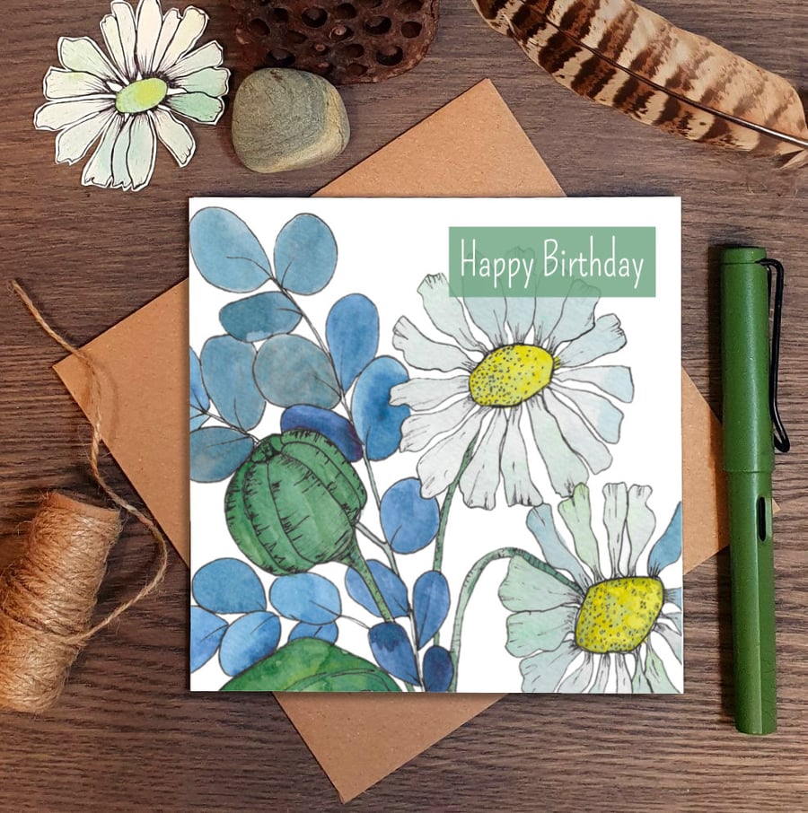 Daisy Blue, Floral, Birthday, Greeting card, Floral, Botanical, square card