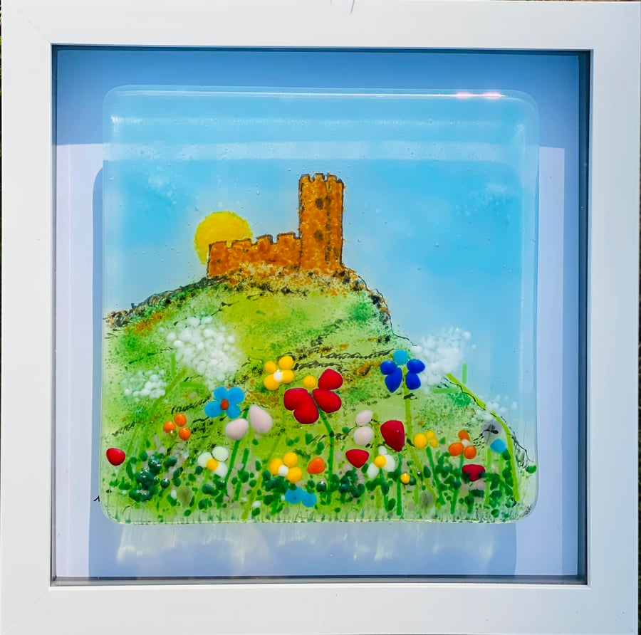 Brentor  church landscape glass art , glass picture