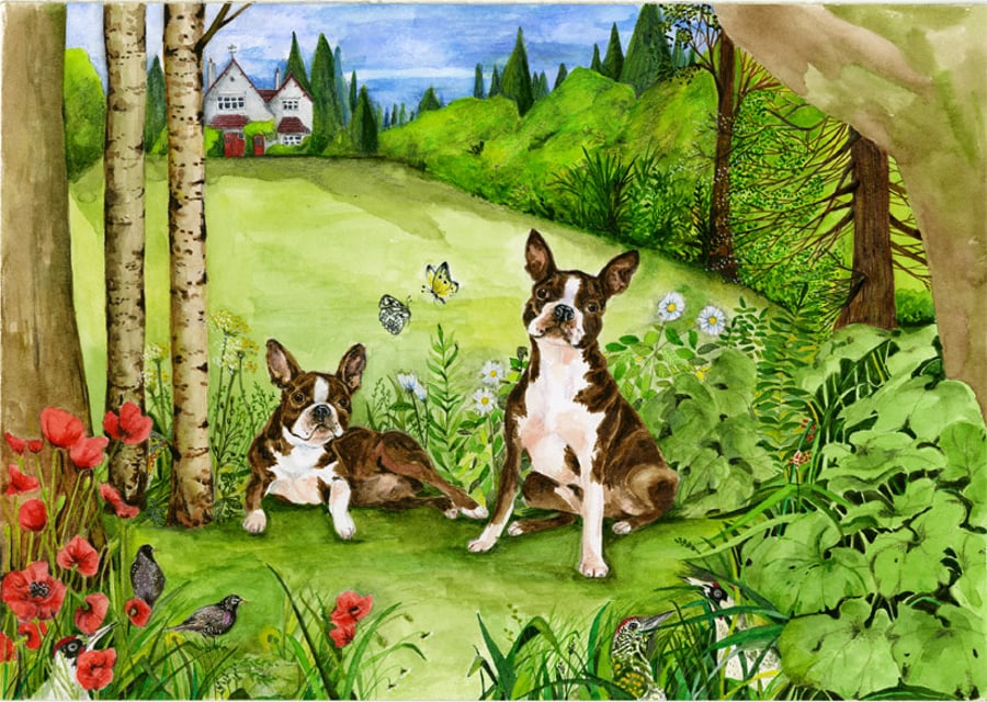 Original Watercolour painting of two Boston Terriers in a garden