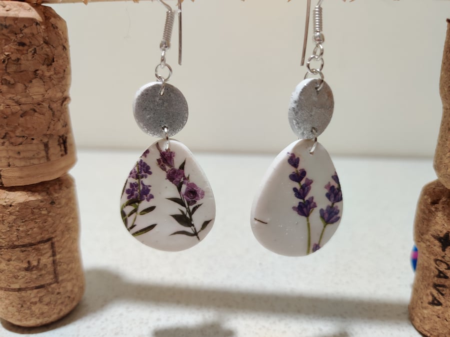 Lavender transfer polymer clay earrings