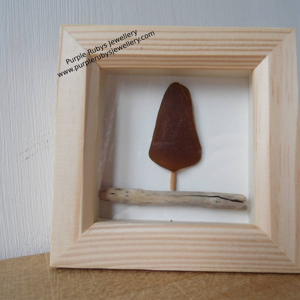 Amber Cornish Sea Glass & Driftwood Sailing Ship Picture P118