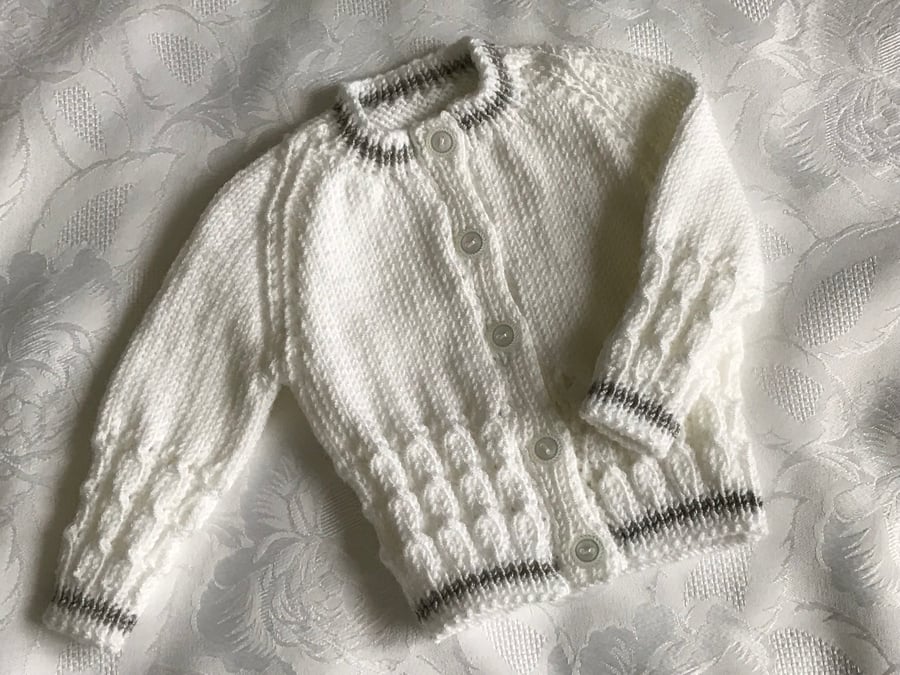 Hand Knitted Baby Cardigan White and  Silver Grey Trim 0 - 3 Months