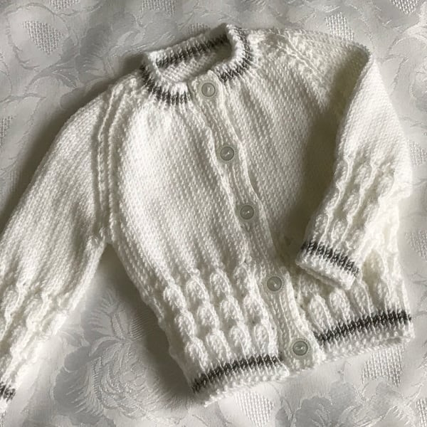 Hand Knitted Baby Cardigan White and  Silver Grey Trim 0 - 3 Months