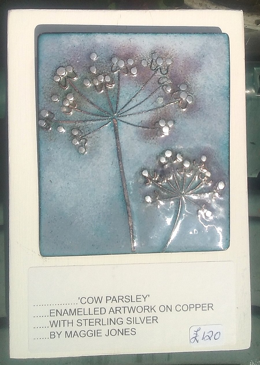 COPPER ENAMELLED ART PLAQUE - COW PARSLEY IN COPPER & STERLING SILVER
