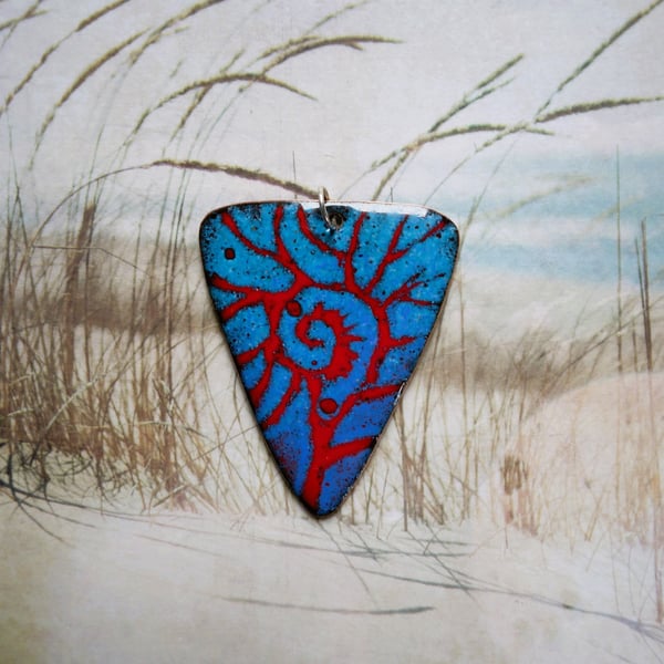 Triangular pendant in red and turquoise enamel on recycled copper 272