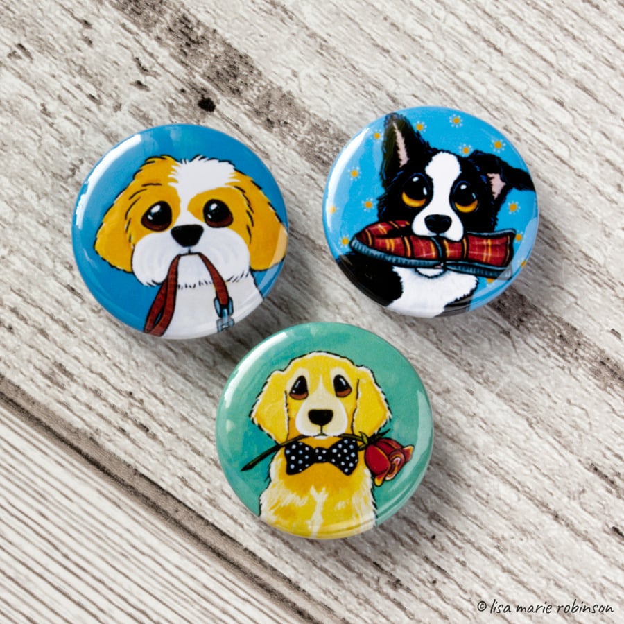 Dogs Playing Fetch 25mm Button Badges - Pack of 3