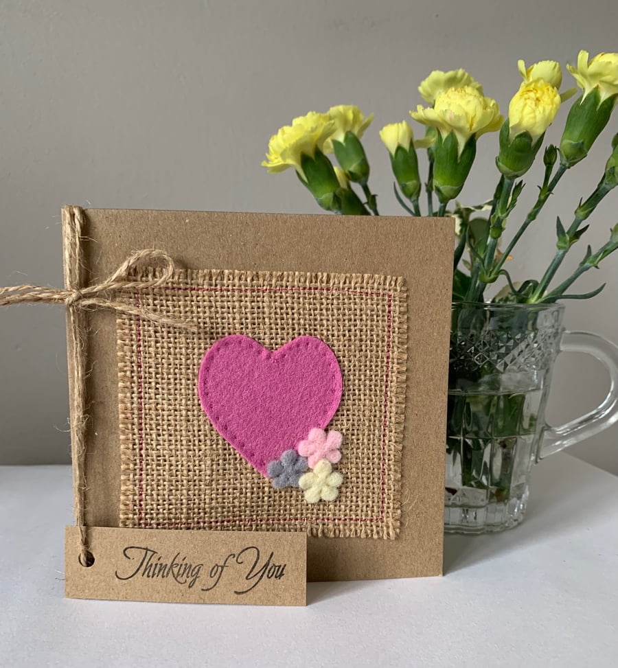 Thinking of You Card. Rose pink heart with flowers. Wool felt. Handmade.