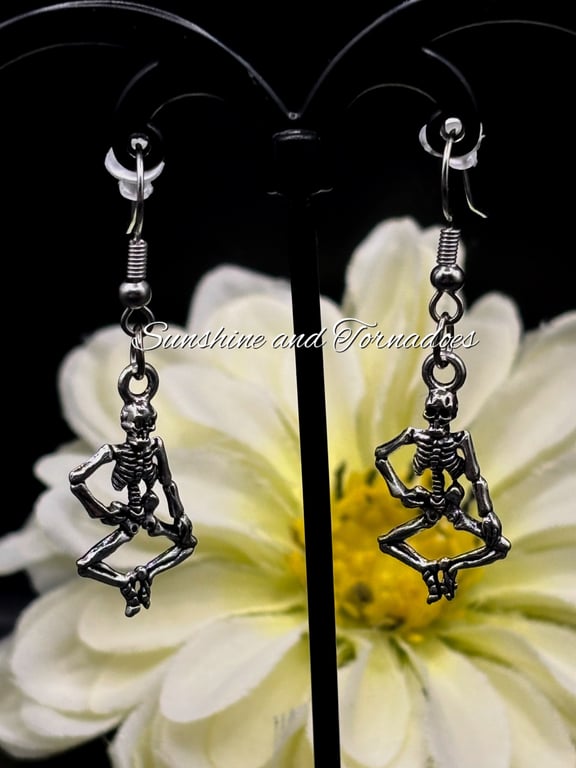 Seated Skeleton Charm Earrings. Hypoallergenic. Gift for Her. Halloween Style.