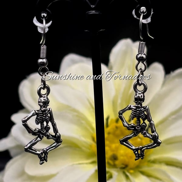 Seated Skeleton Charm Earrings. Hypoallergenic. Memorial Gift. Gift for Her. 