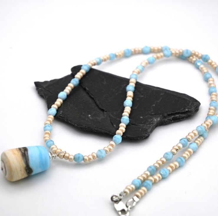 blue beach lampwork glass pendant necklace - Folksy
