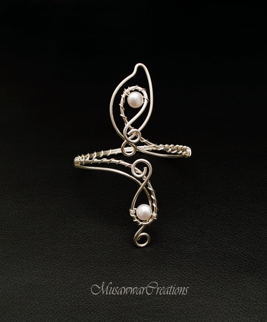 Bridal Arm Cuff – Off White Shell Pearls & Silver Plated Copper Upper Arm Bracel