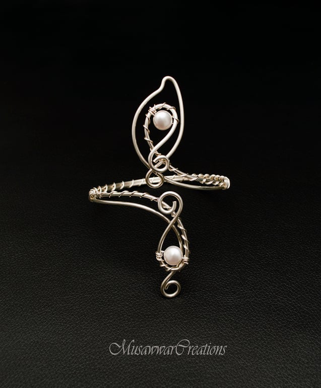 Bridal Arm Cuff – Off White Shell Pearls & Silver Plated Copper Upper Arm Bracel