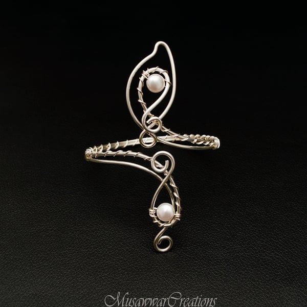 Bridal Arm Cuff – Off White Shell Pearls & Silver Plated Copper Upper Arm Bracel