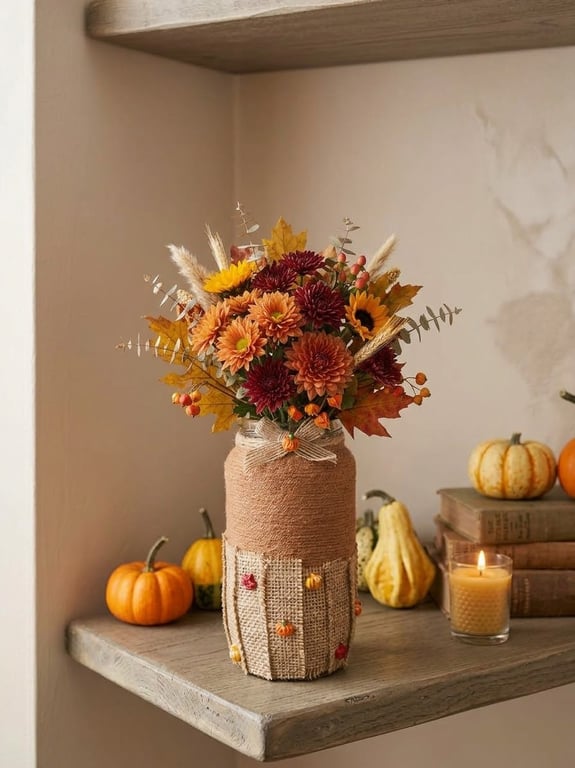 Handmade Upcycled Autumn Glass Jar,Rustic Decor,Dried Flower Vase,Autumn Gift