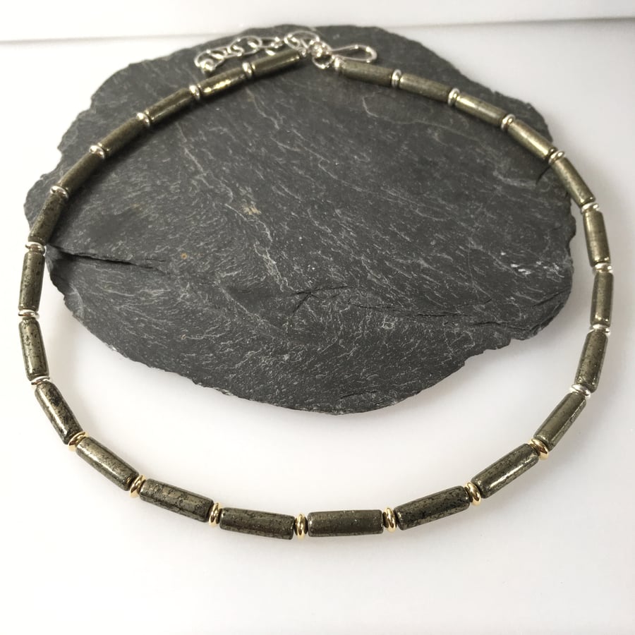 Pyrite 18ct gold and sterling silver necklace