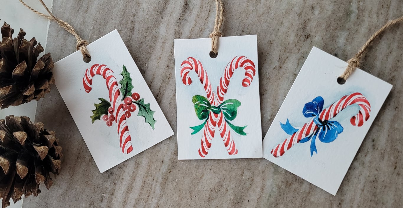 Hand painted original watercolor gift tags, candy canes, Unique, set of 3