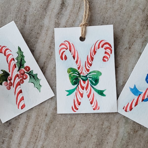 Hand painted original watercolor gift tags, candy canes, Unique, set of 3