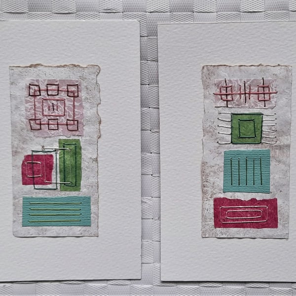 Pretty Patterned Pink White Green Handstitched Geometric Small Art Pictures