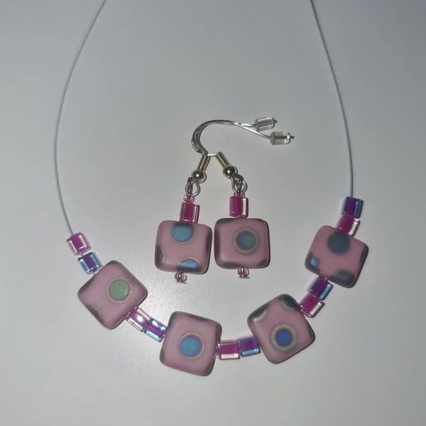 Wild Rose peacock square czech glass -necklace and earrings set