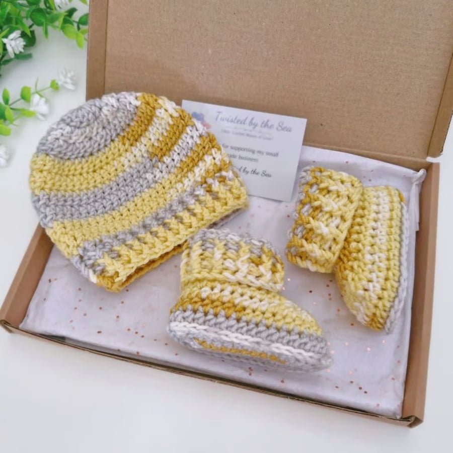 Handmade Crochet Baby Hat & Booties Set - Variegated Silver and Yellow