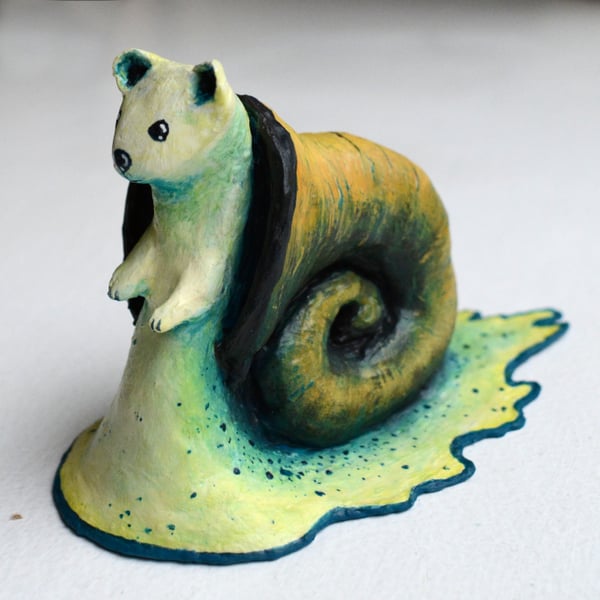 Weasel in a Seashell - adorable paper mache animal sculpture