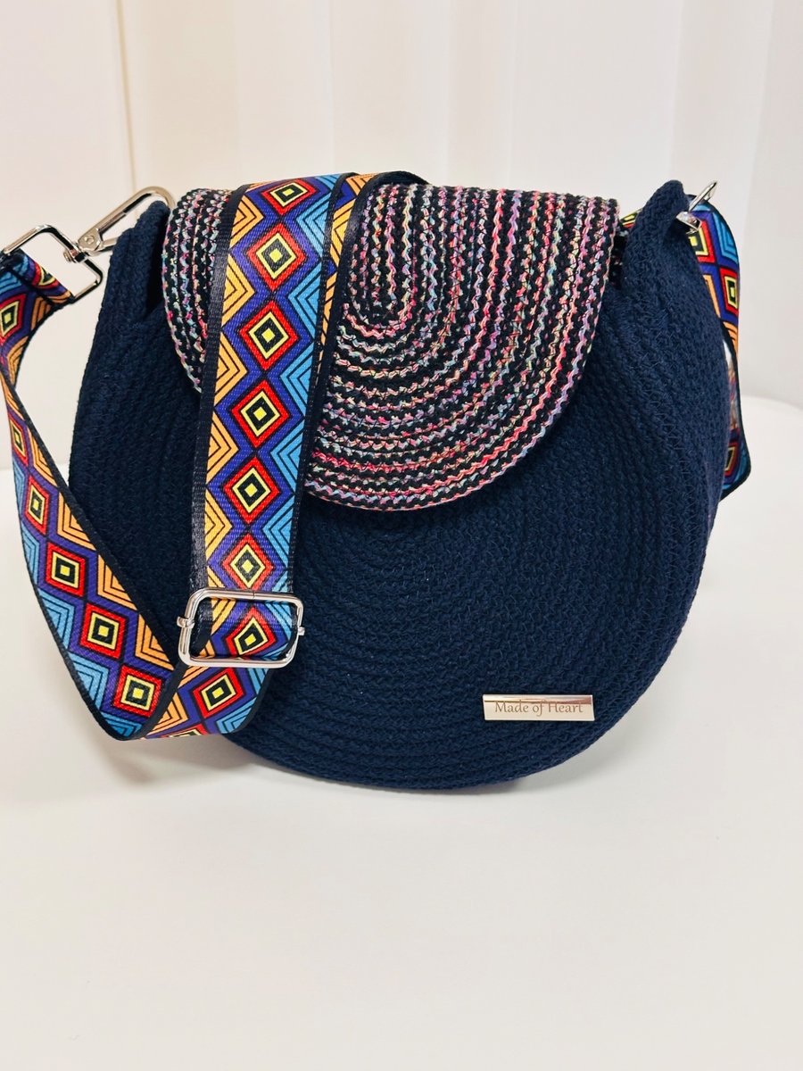 Navy Cotton Rope Crossbody Bag with Multicolor Flap - Handmade Shoulder Bag - Ad