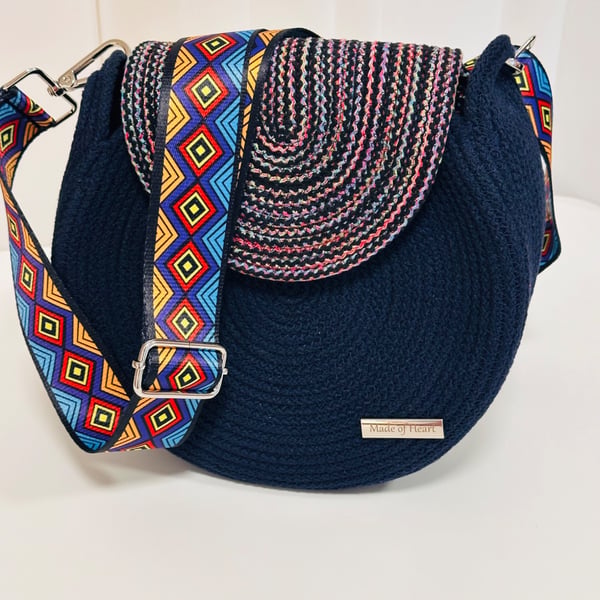 Navy Cotton Rope Crossbody Bag with Multicolor Flap - Handmade Shoulder Bag - Ad