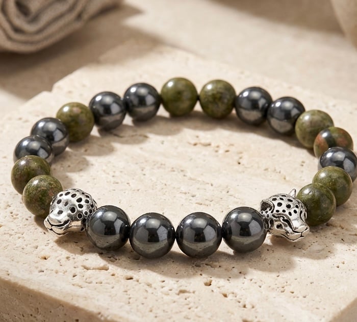 Hematite and Unakite Unisex Bracelet