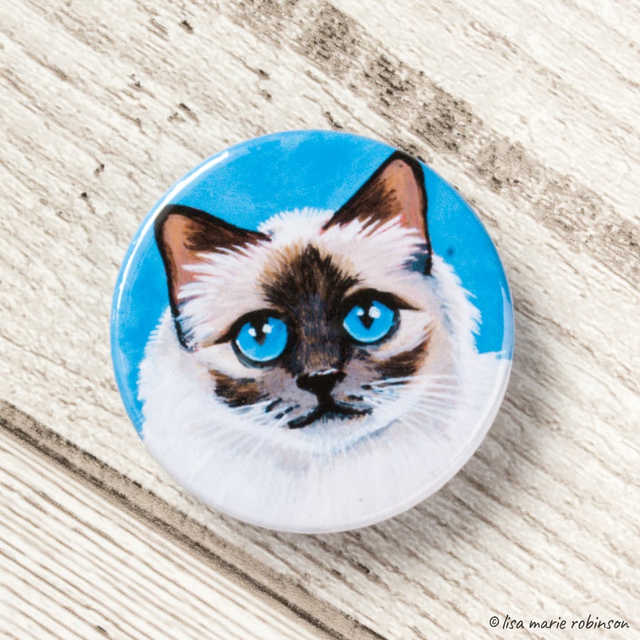 Seal Point Long Haired Cat Button Badge - 38mm