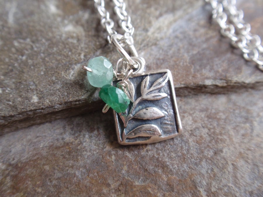 Emerald silver leaf necklace with fair trade leaves charm