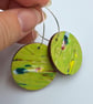 Lime green wooden disc earrings with red, pink, white, yellow and green