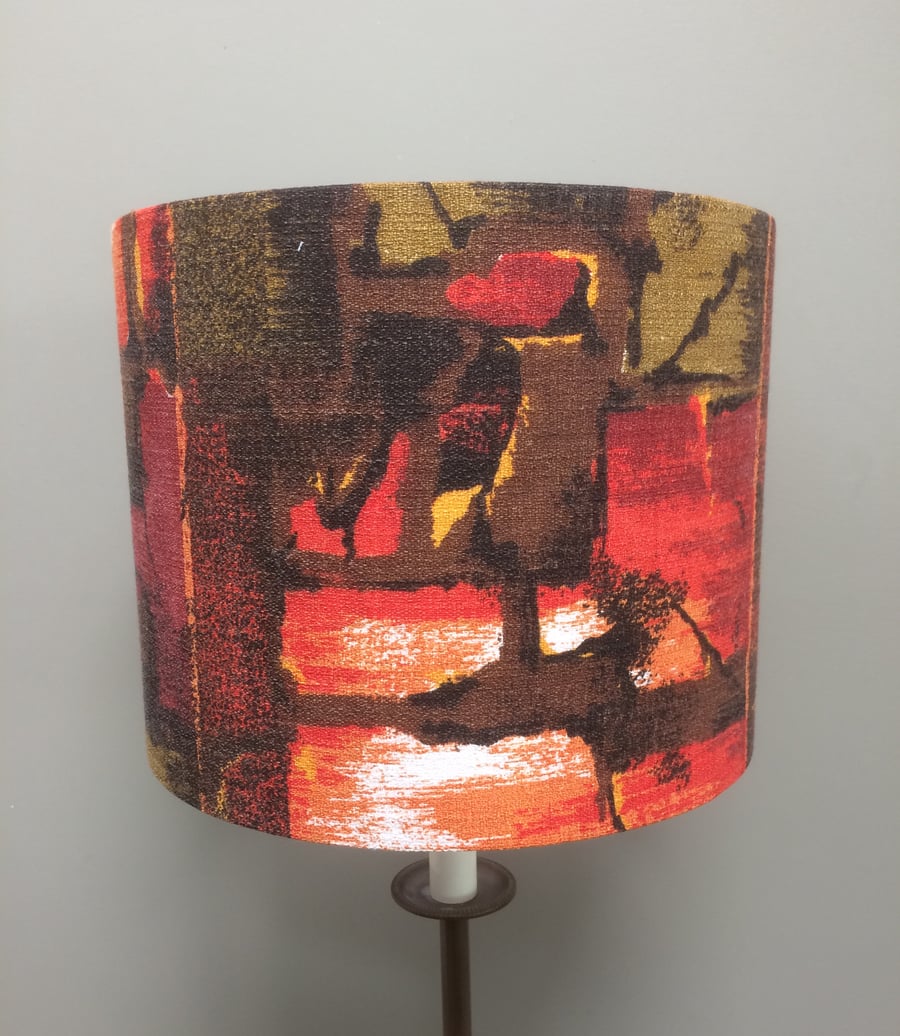 Abstract 50s Barkcloth Orange and Olive MID CENTURY VIntage fabric Lampshade