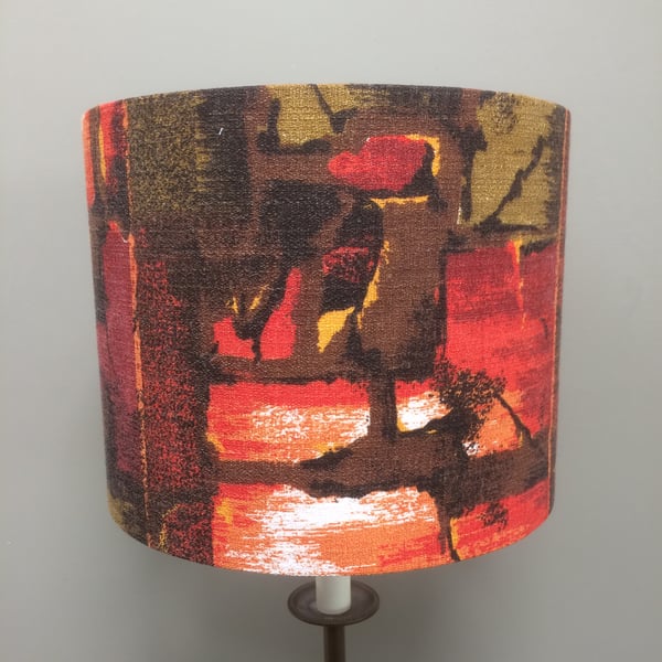 Abstract 50s Barkcloth Orange and Olive MID CENTURY VIntage fabric Lampshade