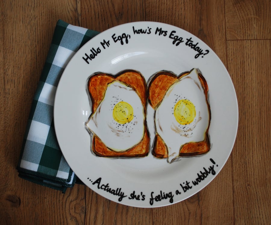 Hand Painted Illustrated Dinner Plate 'Eggs on Toast'