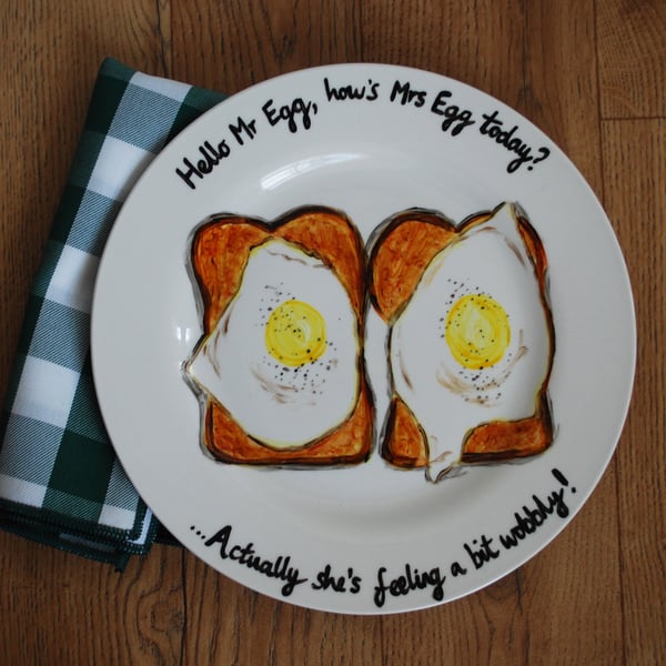 Hand Painted Illustrated Dinner Plate 'Eggs on Toast'