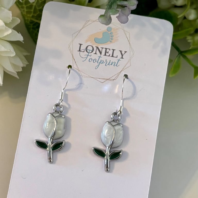 White Tulip Enamel Earrings, Floral Jewellery, Handmade Gift for Her