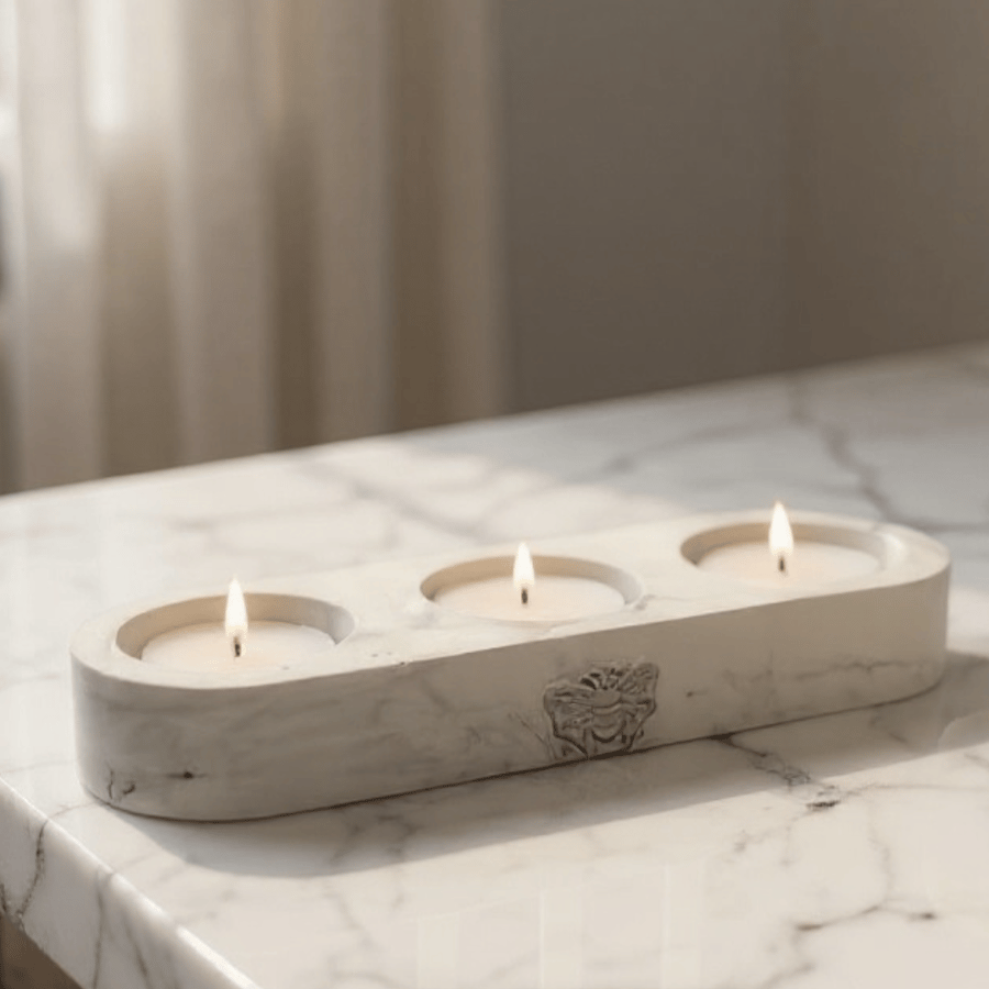 White Marble Effect Triple Tealight Holder Adorned with a Bee Imprint