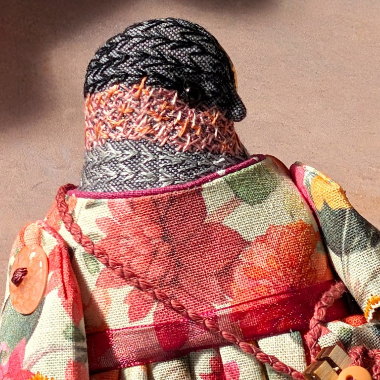Rae,  A  Tiny Hand Embroidered Bullfinch Folk Art Doll