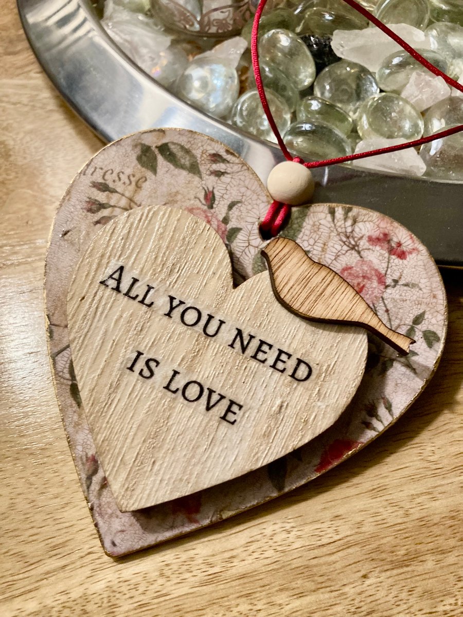 Hanging Heart All You need Is Love Handcrafted Vintage Old Roses & Bird 